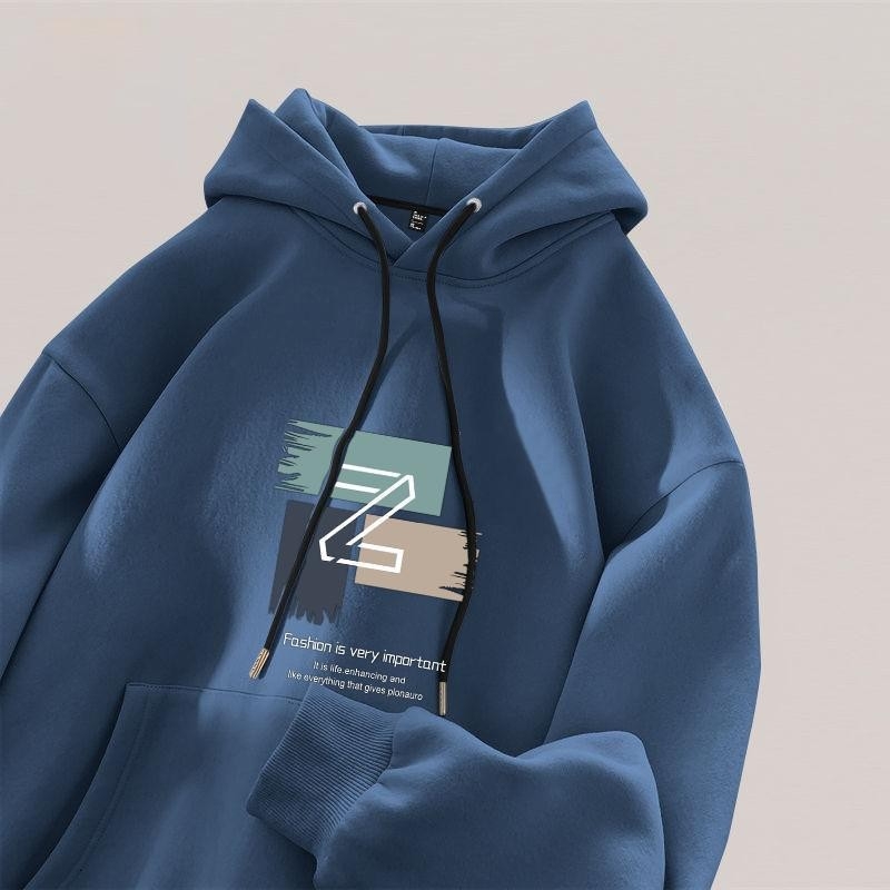 Férfi 250 g vastag kapucnis sportpulóver, fleece béléses poliészter (96%+), laza szabás, mintás dizájn, mindennapi viselet