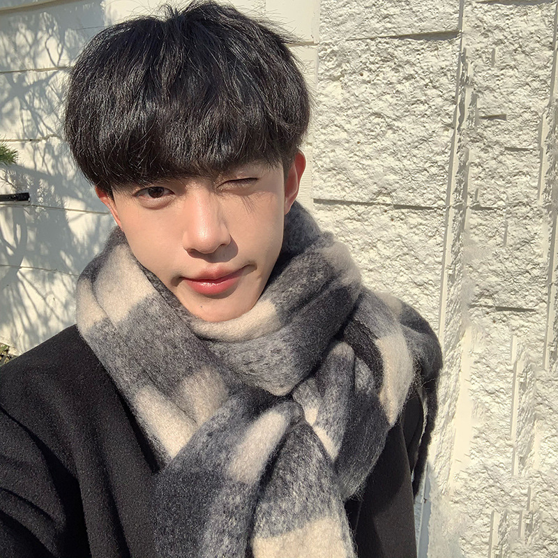 Fekete-fehér mohair kockás sál télre, koreai stílus, vastag meleg imitált kasmír sál nőknek és férfiaknak