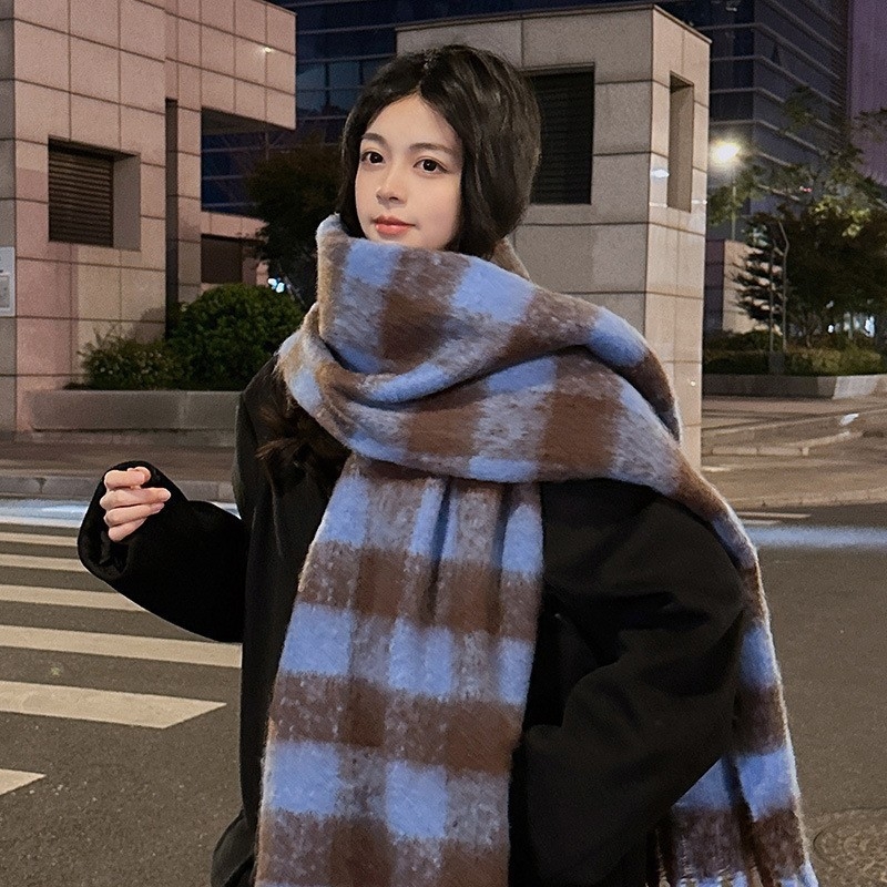 Fekete-fehér mohair kockás sál télre, koreai stílus, vastag meleg imitált kasmír sál nőknek és férfiaknak