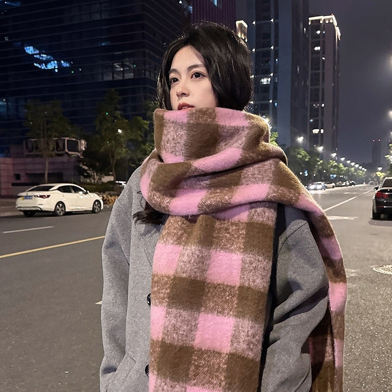 Fekete-fehér mohair kockás sál télre, koreai stílus, vastag meleg imitált kasmír sál nőknek és férfiaknak
