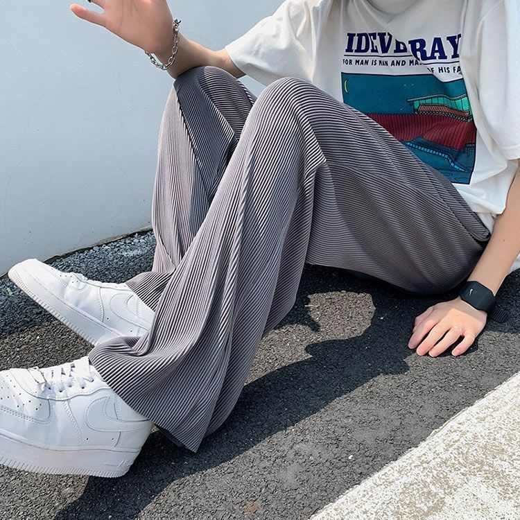 Muške široke hlače za ljeto, tanke ice silk tkanine, prugaste, ležeran kroj, ravne nogavice, sportski stil
