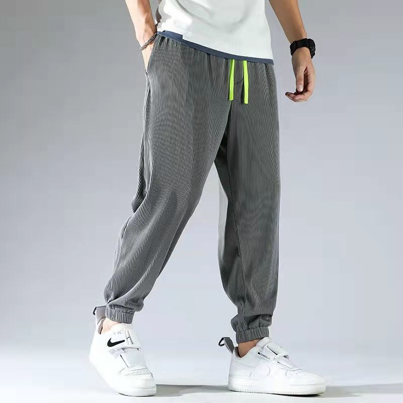 Muške široke hlače za ljeto, tanke ice silk tkanine, prugaste, ležeran kroj, ravne nogavice, sportski stil