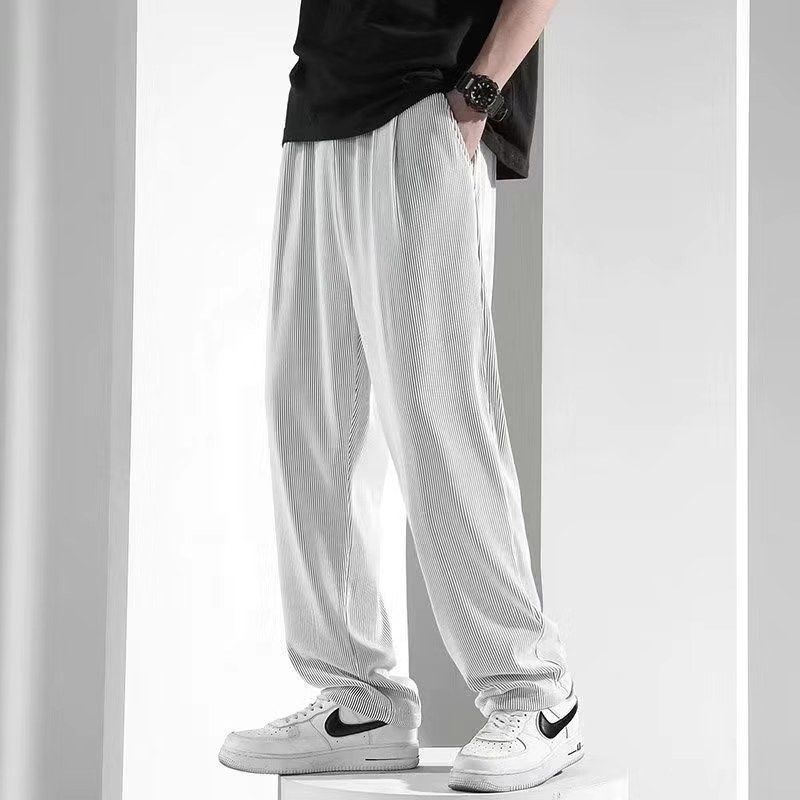 Muške široke hlače za ljeto, tanke ice silk tkanine, prugaste, ležeran kroj, ravne nogavice, sportski stil