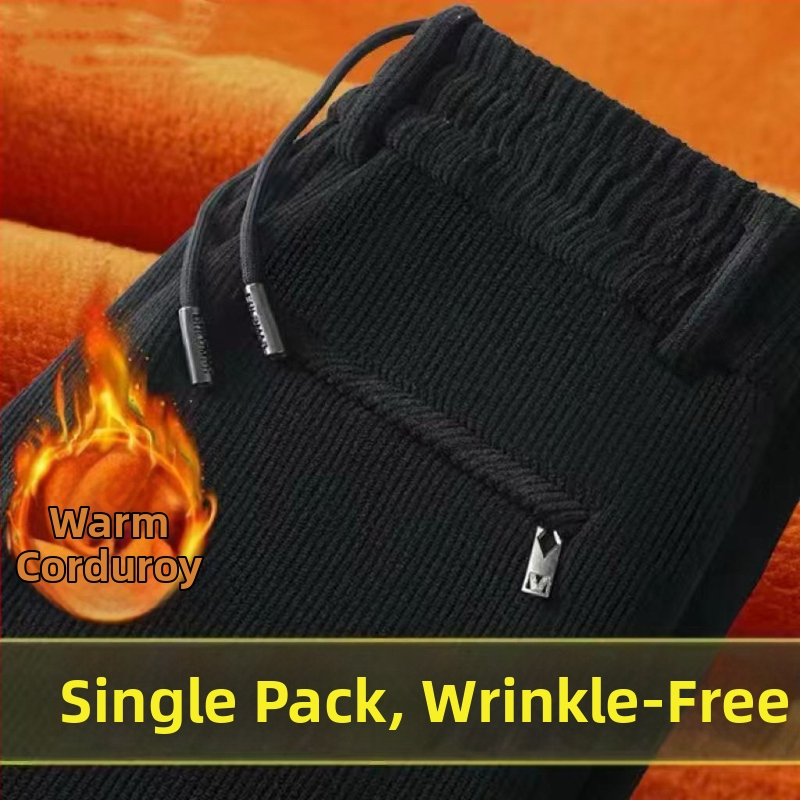 Férfi corduroy nadrág fleece-sel bélelt, téli, koreai stílusú, laza szabású