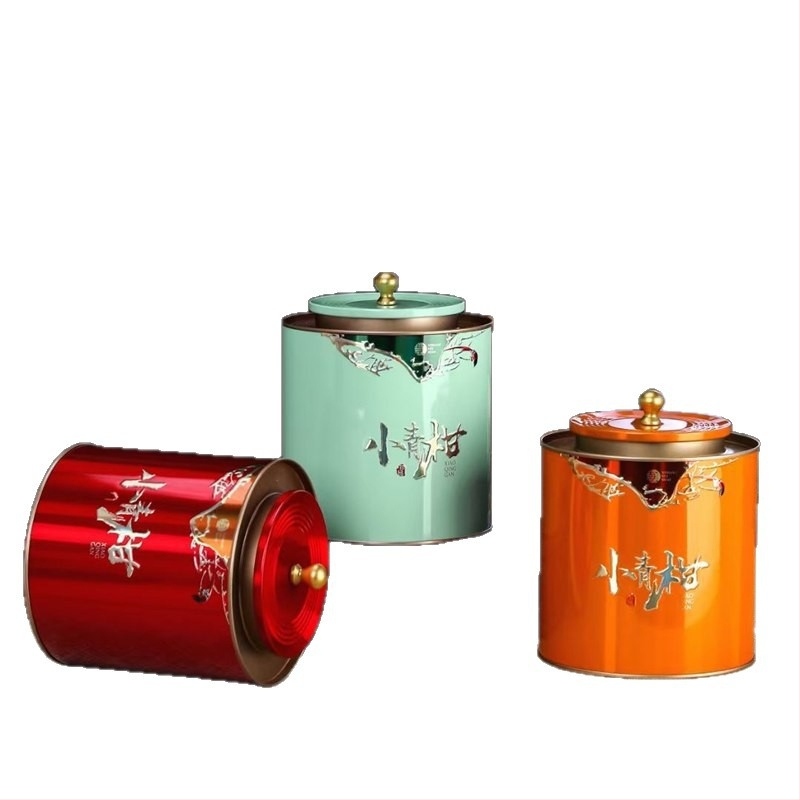 Set praznih metalnih posuda za čaj sa zelenim mandarinom, 250 g, okrugle nehrđajuće kutije s UV tiskom
