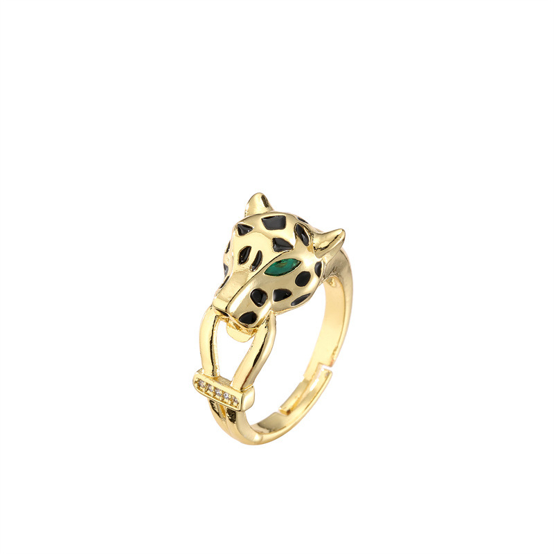 Bakarni prsten s mikro-ugradnjom zelenih cirkona, motiv glave leoparda i glave lava, unisex modni nakit.
