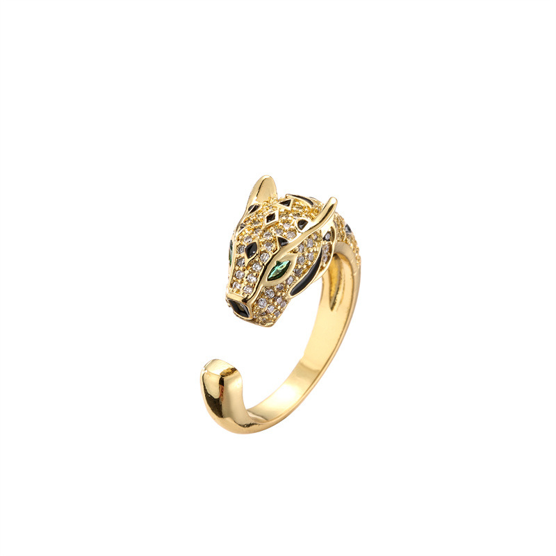 Bakarni prsten s mikro-ugradnjom zelenih cirkona, motiv glave leoparda i glave lava, unisex modni nakit.
