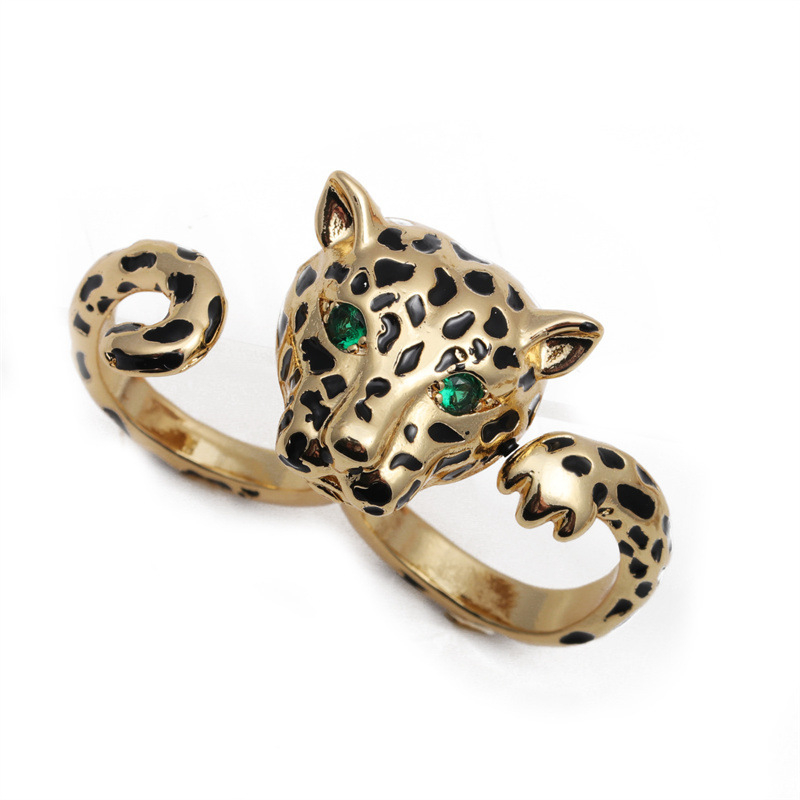 Bakarni prsten s mikro-ugradnjom zelenih cirkona, motiv glave leoparda i glave lava, unisex modni nakit.
