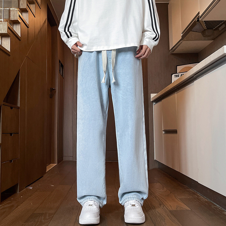 Férfi farmernadrág fleece-beleléssel a 2025-őszi-téli szezonra, amerikai stílusú retro, elasztikus derék, egyenes szabású, hosszú nadrág