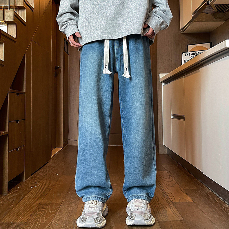 Férfi farmernadrág fleece-beleléssel a 2025-őszi-téli szezonra, amerikai stílusú retro, elasztikus derék, egyenes szabású, hosszú nadrág
