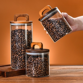 Set staklenih posuda s drškom od akacije i siguran poklopac od borosilikatnog stakla, 800–1000 ml, za kavu, čaj i osušenu koru mandarine