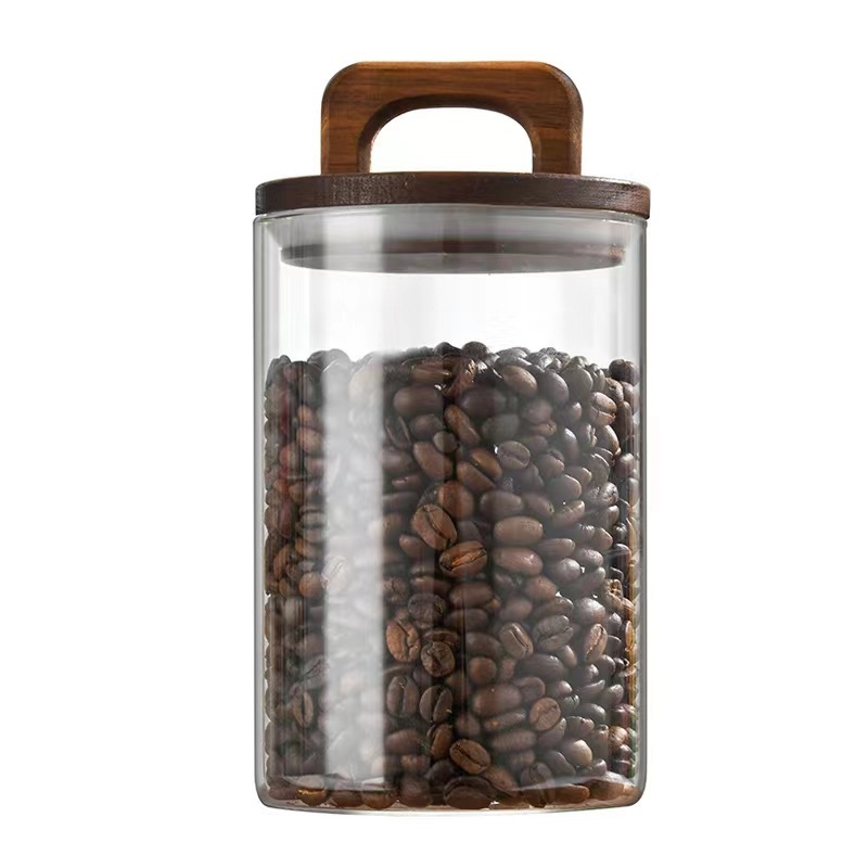 Set staklenih posuda s drškom od akacije i siguran poklopac od borosilikatnog stakla, 800–1000 ml, za kavu, čaj i osušenu koru mandarine