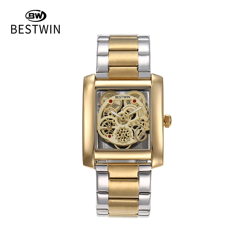 BESTWIN muški skeleton sat, pravokutni brojčanik 35 mm, vodootporan 30 m, narukvica od nehrđajućeg čelika, kvarcni mehanizam Dr. Tong