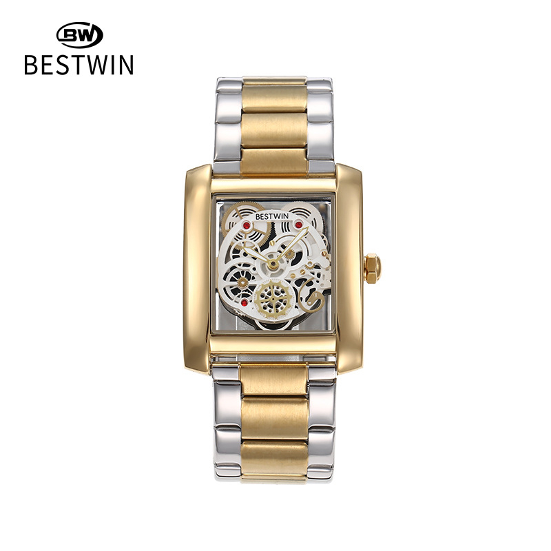 BESTWIN muški skeleton sat, pravokutni brojčanik 35 mm, vodootporan 30 m, narukvica od nehrđajućeg čelika, kvarcni mehanizam Dr. Tong
