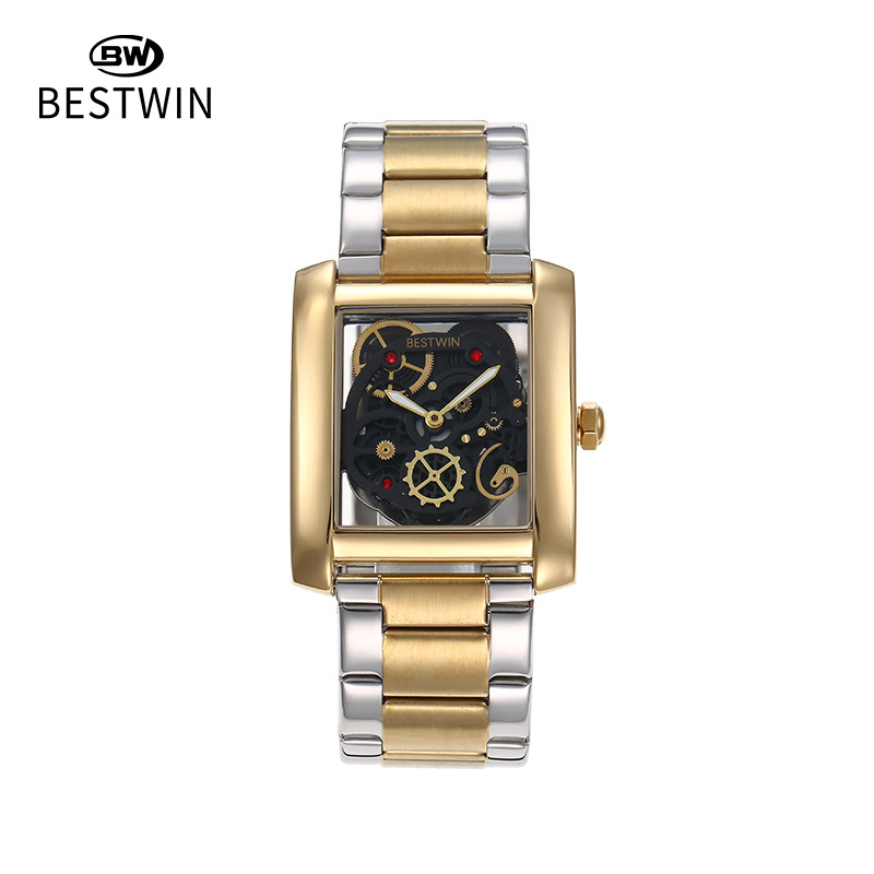 BESTWIN muški skeleton sat, pravokutni brojčanik 35 mm, vodootporan 30 m, narukvica od nehrđajućeg čelika, kvarcni mehanizam Dr. Tong