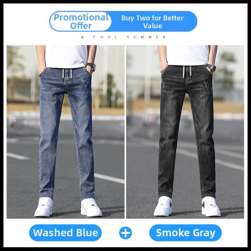Romon nyári férfi farmernadrág, slim fit, egyenes szár, elasztikus derék, casual hosszú nadrág, tavasz–ősz