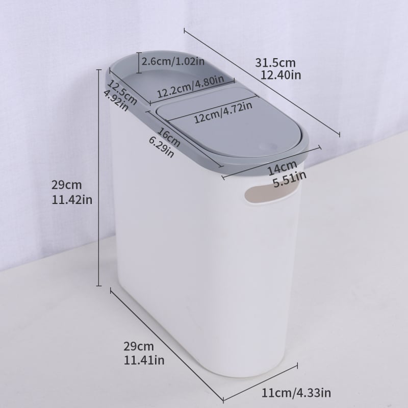 Kanta za otpad s pritisknim poklopcem, 10 L, uski cilindrični dizajn, pogodna za kuhinju, kupaonicu i spavaću sobu