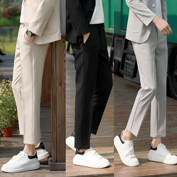 Muške cropped hlače, slim fit, korejskog stila, drapirane, jednobojne, svestrane poslovno-opuštene hlače za proljeće i jesen, ravni kroj
