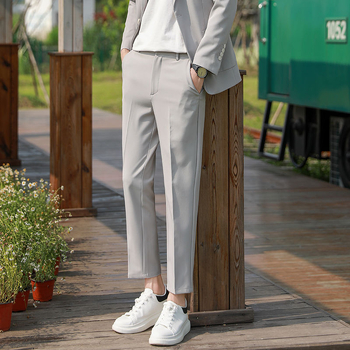 Muške cropped hlače, slim fit, korejskog stila, drapirane, jednobojne, svestrane poslovno-opuštene hlače za proljeće i jesen, ravni kroj