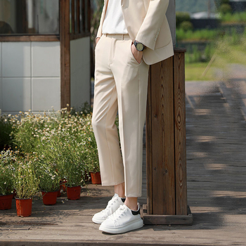 Muške cropped hlače, slim fit, korejskog stila, drapirane, jednobojne, svestrane poslovno-opuštene hlače za proljeće i jesen, ravni kroj
