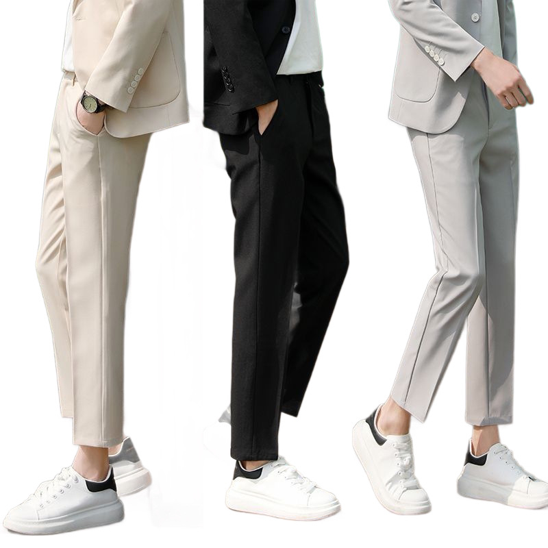 Muške cropped hlače, slim fit, korejskog stila, drapirane, jednobojne, svestrane poslovno-opuštene hlače za proljeće i jesen, ravni kroj