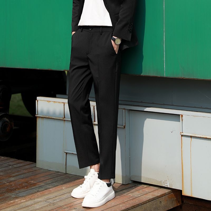 Muške cropped hlače, slim fit, korejskog stila, drapirane, jednobojne, svestrane poslovno-opuštene hlače za proljeće i jesen, ravni kroj