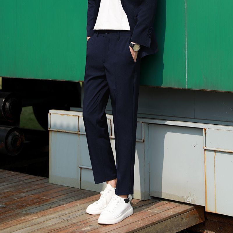 Muške cropped hlače, slim fit, korejskog stila, drapirane, jednobojne, svestrane poslovno-opuštene hlače za proljeće i jesen, ravni kroj