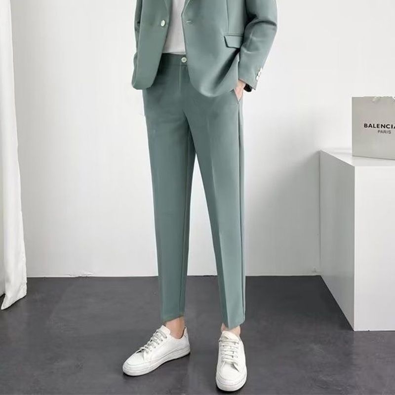Muške cropped hlače, slim fit, korejskog stila, drapirane, jednobojne, svestrane poslovno-opuštene hlače za proljeće i jesen, ravni kroj