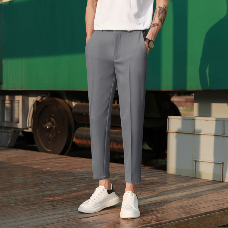 Muške cropped hlače, slim fit, korejskog stila, drapirane, jednobojne, svestrane poslovno-opuštene hlače za proljeće i jesen, ravni kroj