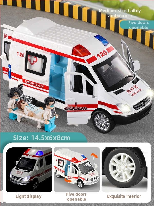 Detské sanitkové auto s otvoriteľnými dverami, kovový model 1:32, ťah späť