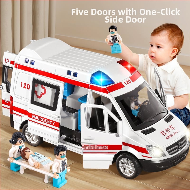 Detské sanitkové auto s otvoriteľnými dverami, kovový model 1:32, ťah späť