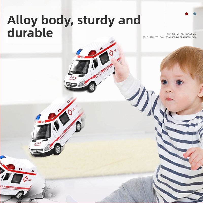 Detské sanitkové auto s otvoriteľnými dverami, kovový model 1:32, ťah späť