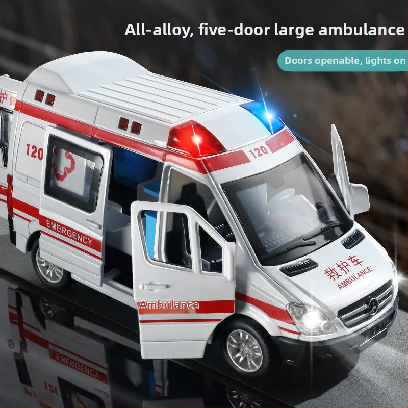 Detské sanitkové auto s otvoriteľnými dverami, kovový model 1:32, ťah späť