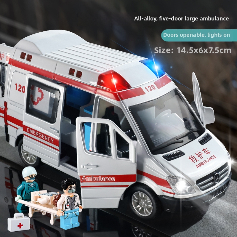 Detské sanitkové auto s otvoriteľnými dverami, kovový model 1:32, ťah späť