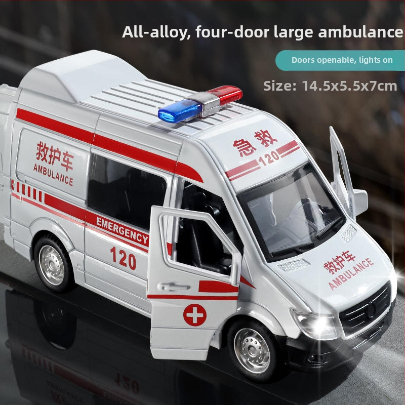 Detské sanitkové auto s otvoriteľnými dverami, kovový model 1:32, ťah späť