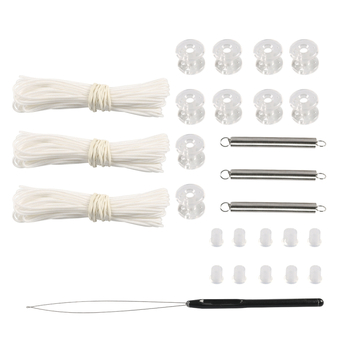 Set dodataka za RV zavjese s plisiranim zavjesama, 27 komada: 6 m povlačna užad, kotačići, opruge, čepovi i uređaji za provlačenje užeta; materijal: plastika/nylon; boje: crna, smeđa, bijela