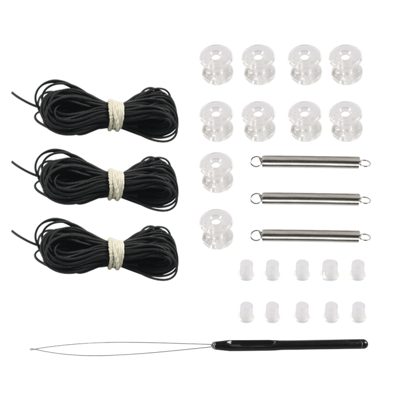 Set dodataka za RV zavjese s plisiranim zavjesama, 27 komada: 6 m povlačna užad, kotačići, opruge, čepovi i uređaji za provlačenje užeta; materijal: plastika/nylon; boje: crna, smeđa, bijela