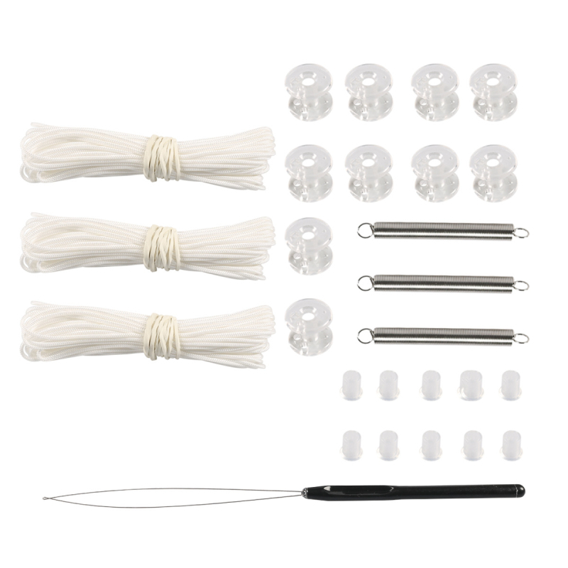 Set dodataka za RV zavjese s plisiranim zavjesama, 27 komada: 6 m povlačna užad, kotačići, opruge, čepovi i uređaji za provlačenje užeta; materijal: plastika/nylon; boje: crna, smeđa, bijela