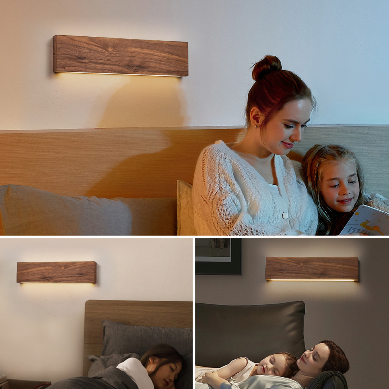 LED zidna svjetiljka od orahovog drveta, pravokutnog oblika, s akrilnim sjenilom, za spavaću sobu i hodnik, zidno postavljanje