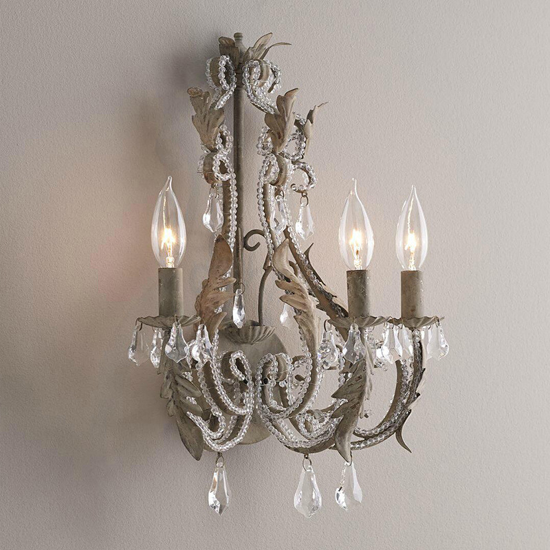 Zidna lampa od željeza s kristalima, američki seoski stil i francuski retro dizajn