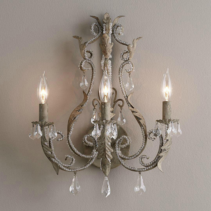 Zidna lampa od željeza s kristalima, američki seoski stil i francuski retro dizajn