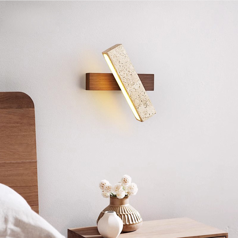 Žuti travertin, vintage Wabi-Sabi stil, noćna zidna lampa za spavaću sobu sa povlačnim prekidačem, rotirajuća glava, drveno kućište