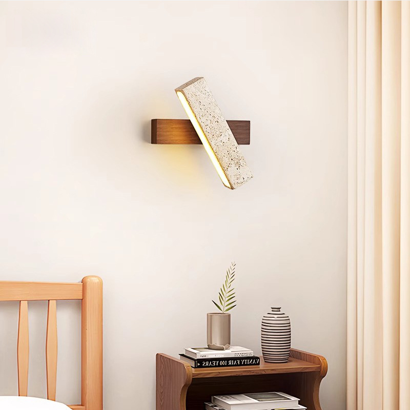 Žuti travertin, vintage Wabi-Sabi stil, noćna zidna lampa za spavaću sobu sa povlačnim prekidačem, rotirajuća glava, drveno kućište