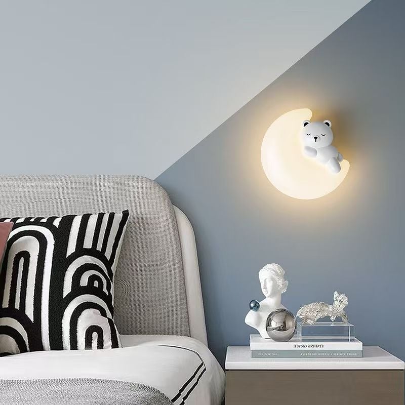 Zidna lampa za dječju sobu u crtani stilu, zaštita očiju cijelog spektra, topla noćna svjetiljka, krem boje, jednostavan dizajn, zec i medvjed na zidu