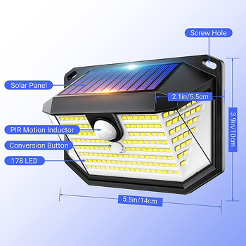 Solarna zidna svjetiljka sa senzorom pokreta, vanjska, 178 LED, za dvorište, garažu i cestu