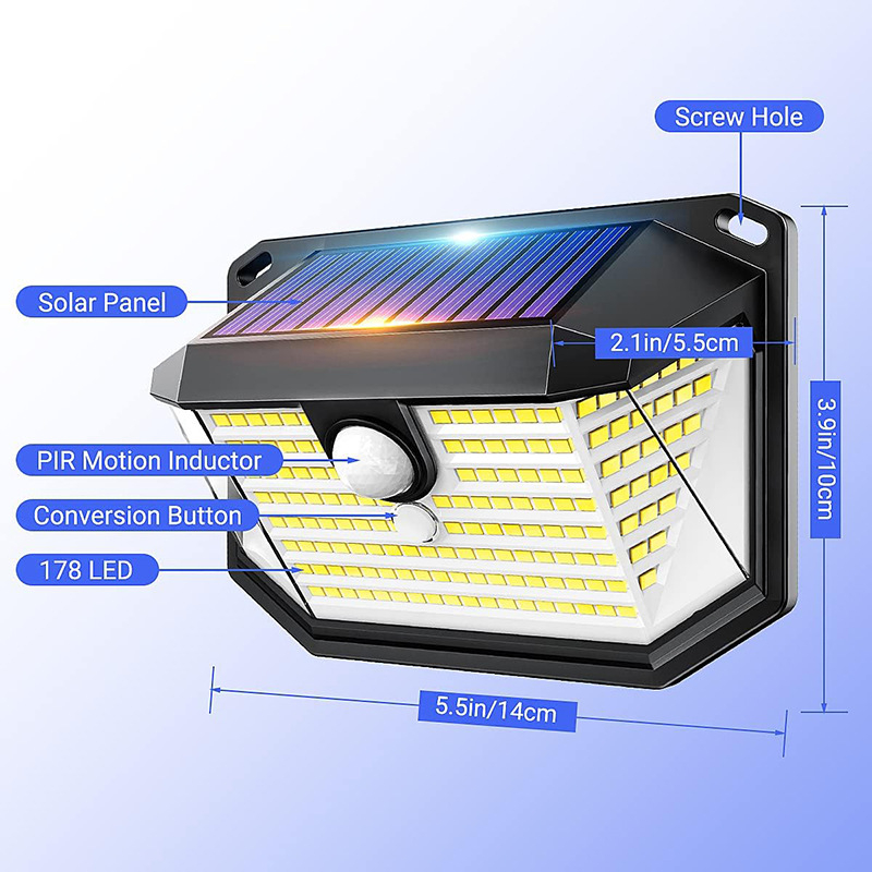 Solarna zidna svjetiljka sa senzorom pokreta, vanjska, 178 LED, za dvorište, garažu i cestu