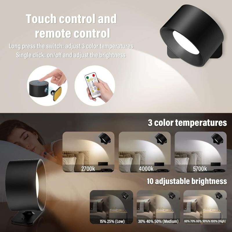 USB magnetska zidna lampa za ormarić, lampica za čitanje pored kreveta, dodirna lampica, upravljanje aplikacijom u spavaćoj sobi, 360° noćno svjetlo