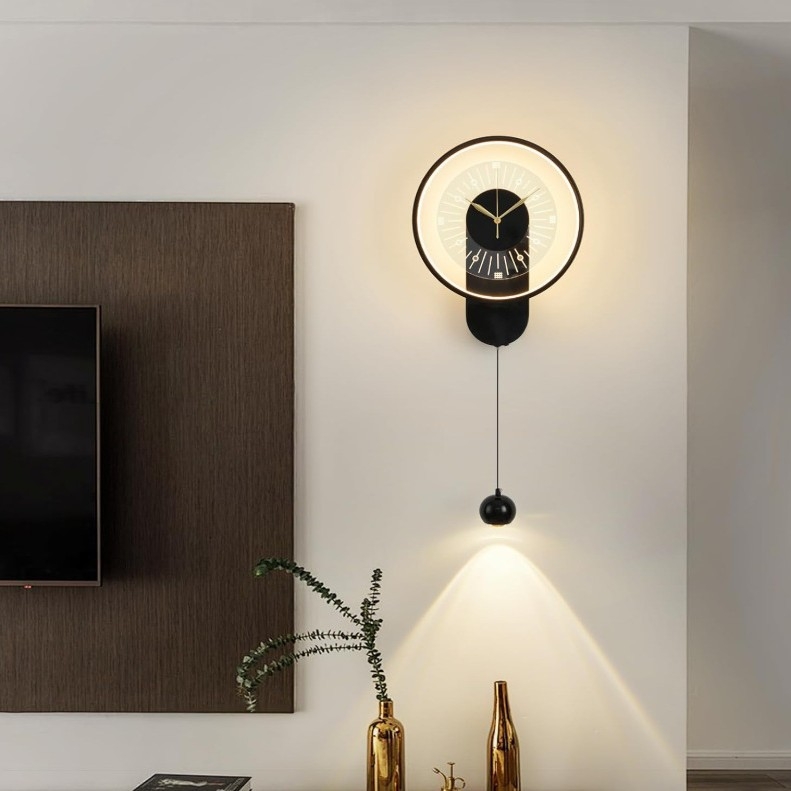 LED zidna lampa s kreativnim dizajnom sata, crna, zidno osvjetljenje za dnevnu sobu, blagovaonicu i ured