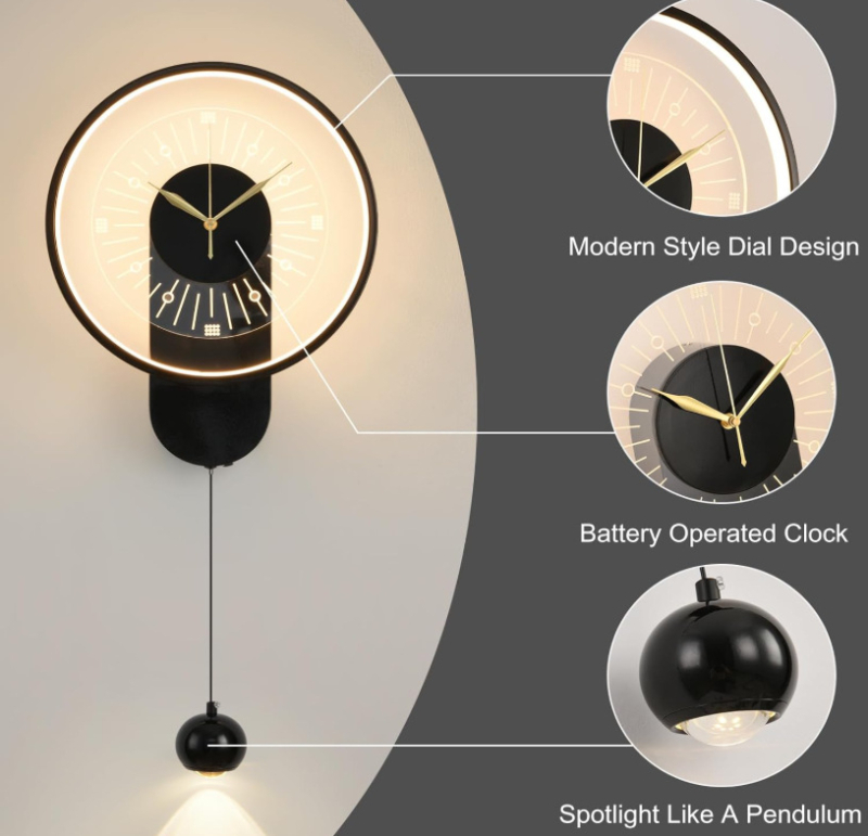 LED zidna lampa s kreativnim dizajnom sata, crna, zidno osvjetljenje za dnevnu sobu, blagovaonicu i ured