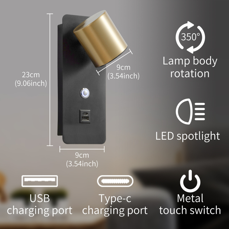 Unutarnja zidna lampa s rotirajućim dodirnim upravljanjem, trobojnim ambijentalnim osvjetljenjem, moderna minimalistička lampa za čitanje uz krevet.